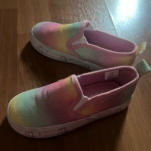 Us sports size 10 rainbow sparkle slip on shoes with unicorn trim- worn 1x